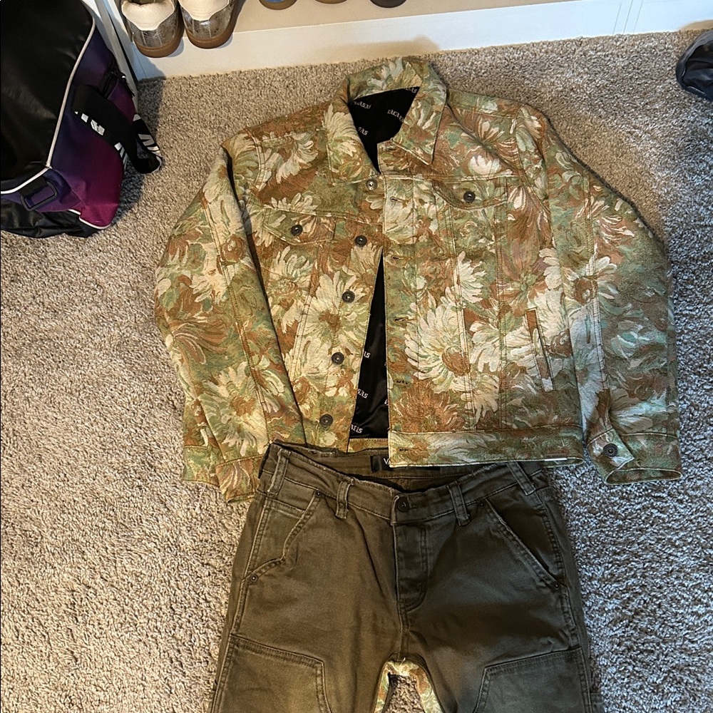 Camouflage Flare Stacked Trim Olive Green Pants - Picture 2 of 4